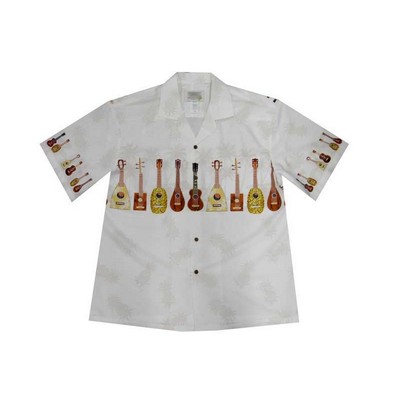 White Hawaiian Border Print Cotton Poplin Shirt w/ Button Front