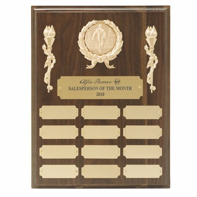 Multiple Plate Walnut Finish Plaque w/24 Gold Plates & 2" Medallion Insert (10"x15")