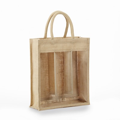 3 Bottle Clear Front Jute Wine Bag 14"X12"X4.5"