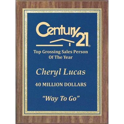 Economy Walnut Finish Plaque Series with Blue/Brass Florentine Plate, 8"x10"