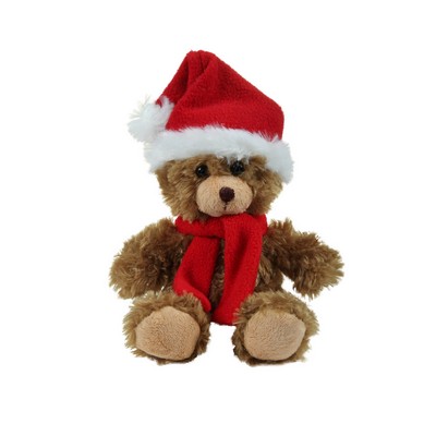 soft plush Mocha Curly Sitting Bear with Christmas scarf &hat