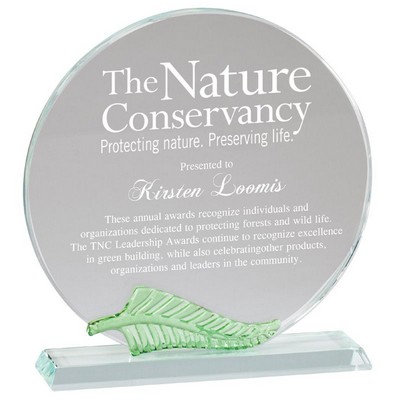 Optical Crystal Round Award w/Green Leaf (7" x 7¼")