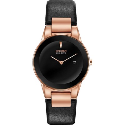 Citizen® Ladies' Eco-Drive Watch, Pink Gold-Tone with Black Leather Strap