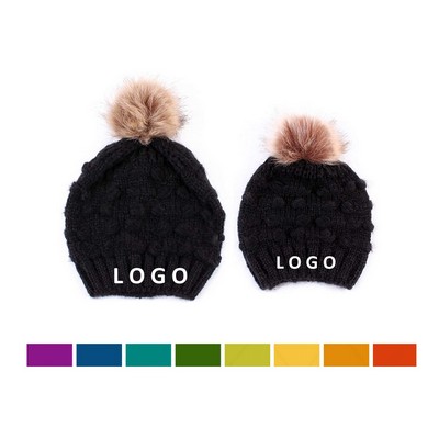 2PC Parent Kid Matching Beanie with Pom-pom