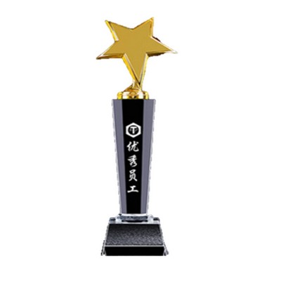 Star Shape Crystal Award With Wooden Base