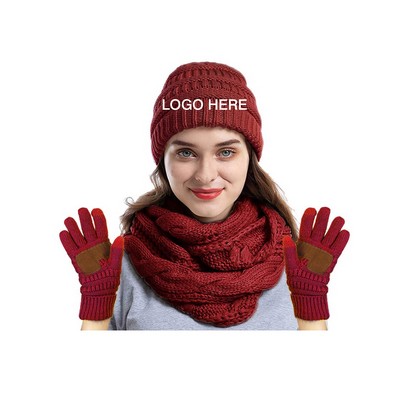 Winter Warm Knit Beanie Hat Gloves Scarf Set