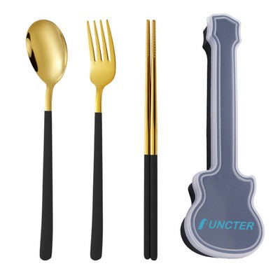 3 Piece Gold Stainless Steel Utensil Set with Guitar Shape Case