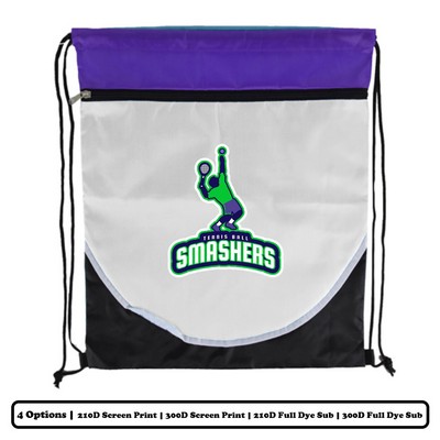 Solid Multi-Panel Polyester Drawstring Bag With Horizontal-Zip Rounded-Bottom Pocket - Screen Print,