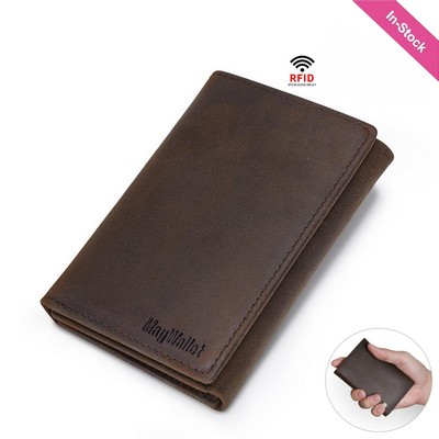 Full Grain Crazy Horse Leather RFID Trifold Wallet