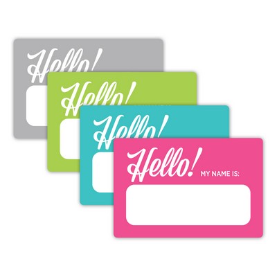 Stock Sticker Rectangle preprinted with "Hello! My Name Is:" with 5 alternating colors (2" x 3")