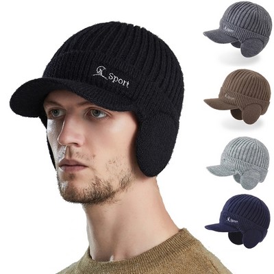 Winter Beanie Visor & Earflaps For Men Outdoor Fleece Hat