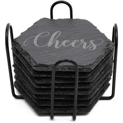 Set of 8 Natural Slate Stone Coaster with Metal Holder