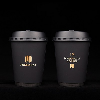 12oz 350ml Black Double Wall Paper Cup w/ Lid & Gold Foil Logo