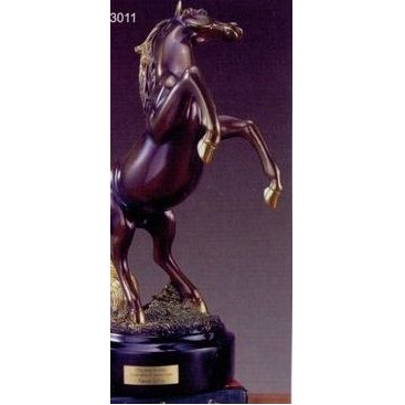 Brown Rearing Horse w/Gold Tail & Hooves Trophy on Round Base (8"x10.5")