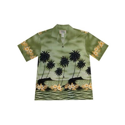 Green Hawaiian Border Print Cotton Poplin Shirt w/ Button Front