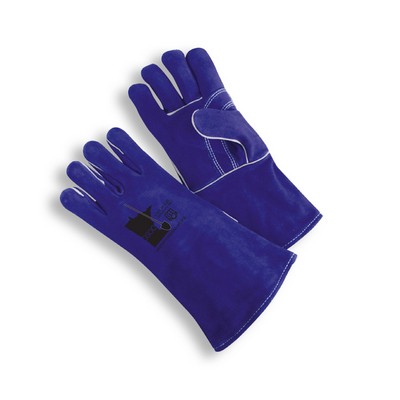 Split grain, blue welders glove, heat resistant kevlar, reinforced palm with wing thumb