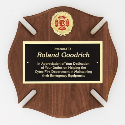 Walnut Maltese Cross Plaque, Fireman Insignia, 12x12"