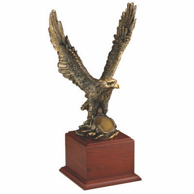 15½" Large Brass Eagle Trophy w/2" Medallion Insert on Wood Base