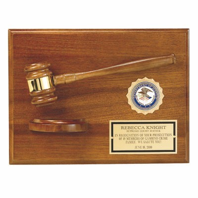 Plaque Genuine Walnut Finish w/Gavel & Block, Holds 2" Insert (9"x12")