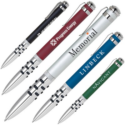 Twist Action Aluminum Ballpoint Pen w/ Chrome Accents & Rubber Dot Grip