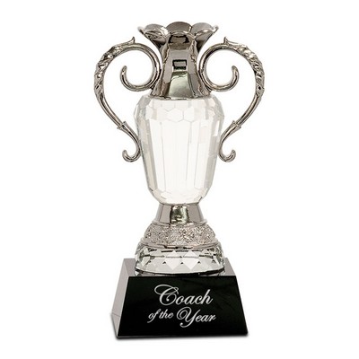 10" Clear Crystal Cup Trophy w/Silver Metal Handles & Black Base