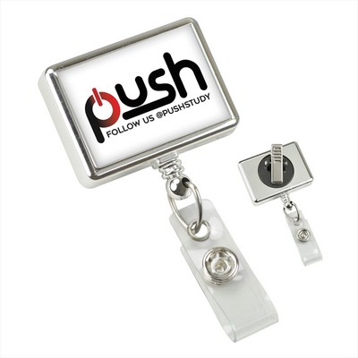 Custom Chrome Rectangular Badge Reel with Clear Vinyl Strap