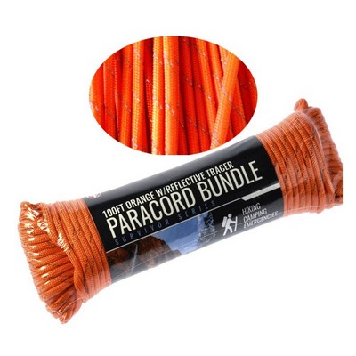 100' x 5/32" Paracord 7 Strand, Orange W/ Reflective Tracer, Pull Strength 550 LBS