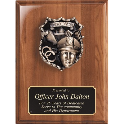 Walnut Piano Finish Plaque with Bronzed Cast Metal Police Emblem, 9"x12"