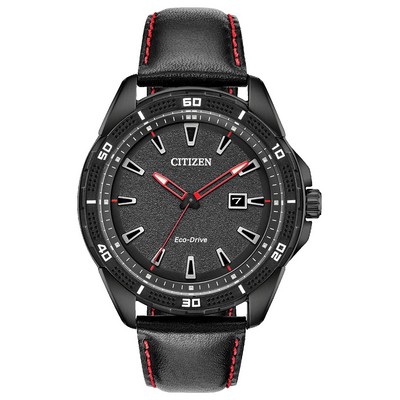 Citizen Men's Eco-Drive AR Watch, Black Plated Stainless and Black Leather Strap with Red Stitching