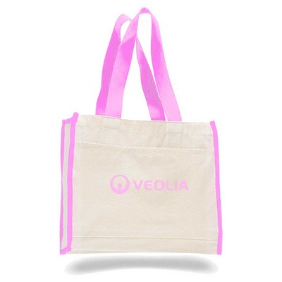 Natural Canvas Tote with Front Pocket & Light Pink Handles (Printed)