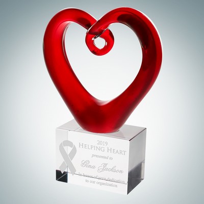 Art Glass Red Heart Award w/Clear Base