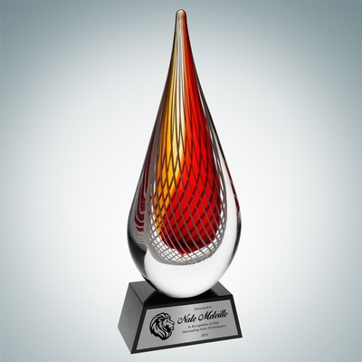 Art Glass Red Orange Narrow Teardrop Award w/Black Base and Silver Plate