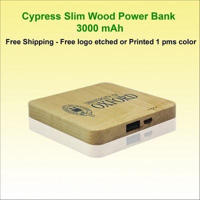 Cypress Bamboo Wood Slim Power Bank, 3000 mAh