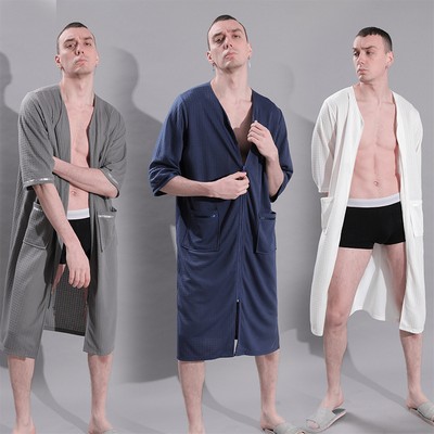 Unisex Zipper Front Nightdress Lightweight Waffle Bathrobe