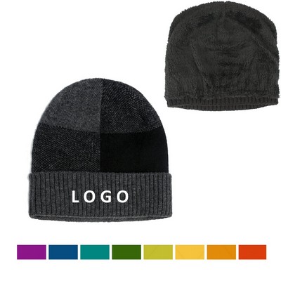 Sherpa Fleece Lining Wool Color Patch Beanie