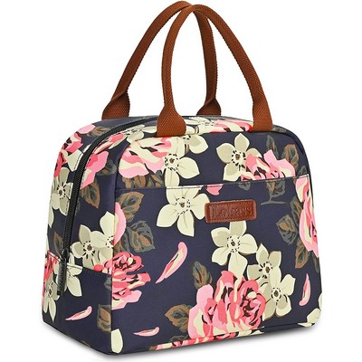 Flower Thermal Insulated Lunch Bag Wide-Open Lunch Tote Bag Large Drinks Holder Durable Nylon