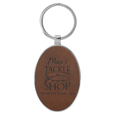 3" x 1 3/4" Laserable Leatherette/Metal Dark Brown Oval Keychain