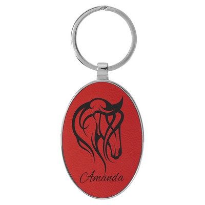 3" x 1 3/4" Laserable Leatherette/Metal Red Oval Keychain