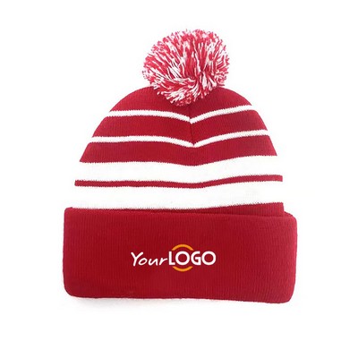 Two Tone Stripe Acrylic Winter Pom Pom Beanie Hat