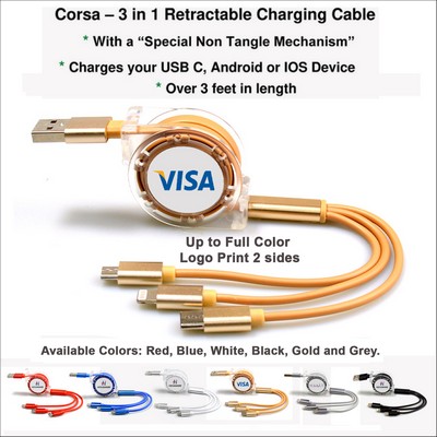 Corsa 3 in 1 Retractable Charging Cable - Gold