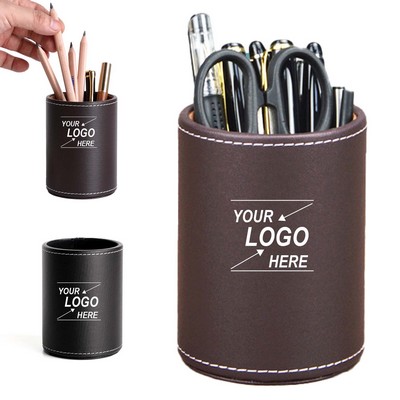 Faux Leather Round Pen and Pencil Holder Desk Organizer