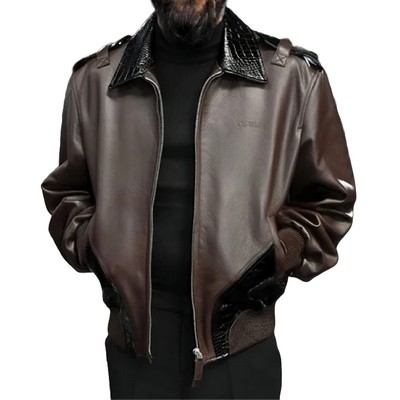 Luxe Croc-Trim Bomber Leather Jacket