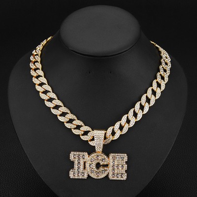 Gold Cuban Chain Gold ICE Pendant Necklace Diamond Studded Necklace