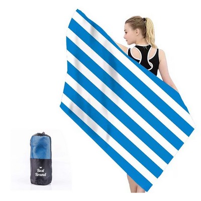 Striped Microfiber Beach Towel with Net Carrying Pouch