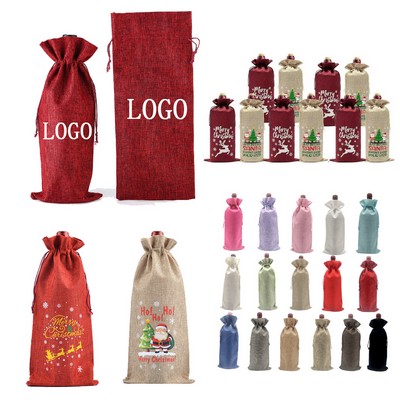 Christmas Custom Jute Wine Bottle Bags Drawstring Pouchesa