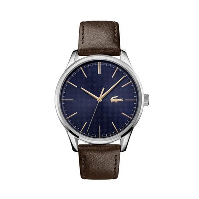 Lacoste Mens Vienna Brown Leather Strap Watch, Dark Blue Dial