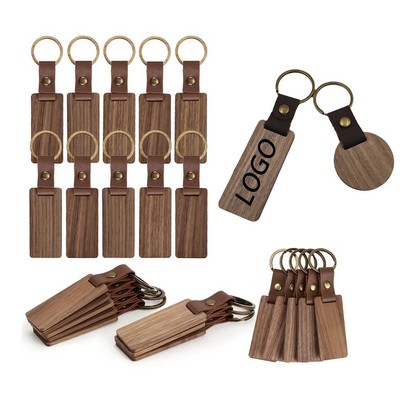 Wood Keychain Key Ring w/PU Leather Strap