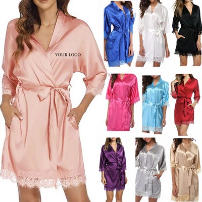 Women's Sexy Lace Lingerie Solid Color Belt Bathrobe Short Sleeved Nightgown