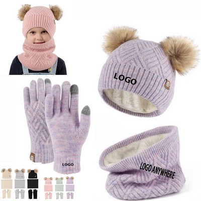 6-15 Years Old Kids Wool Knitted Winter Hat Scarf Gloves Set