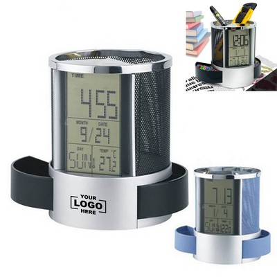 Digital Alarm Clock with LCD Display and Pen Holder